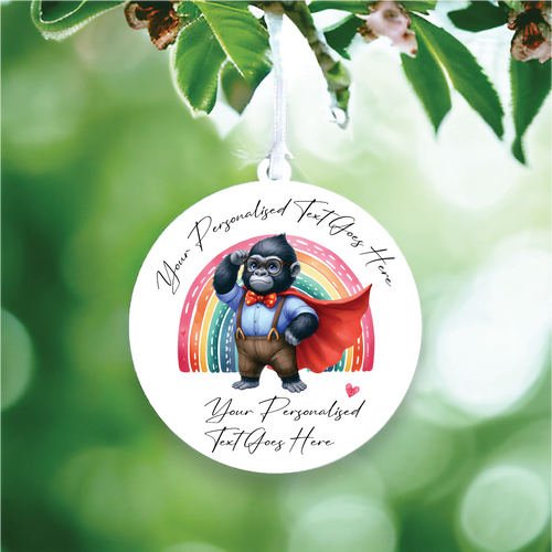 UV146 - Acrylic and UVDTF Personalised Round Hanging - Rainbow Adult Gorilla Super Hero