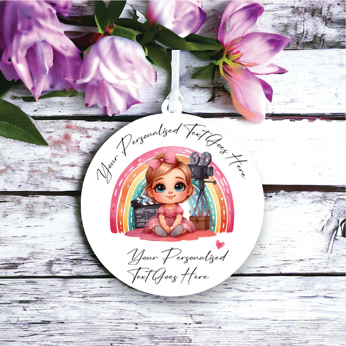 UV150 - Acrylic and UVDTF Personalised Round Hanging - Rainbow Girl Film Maker Director