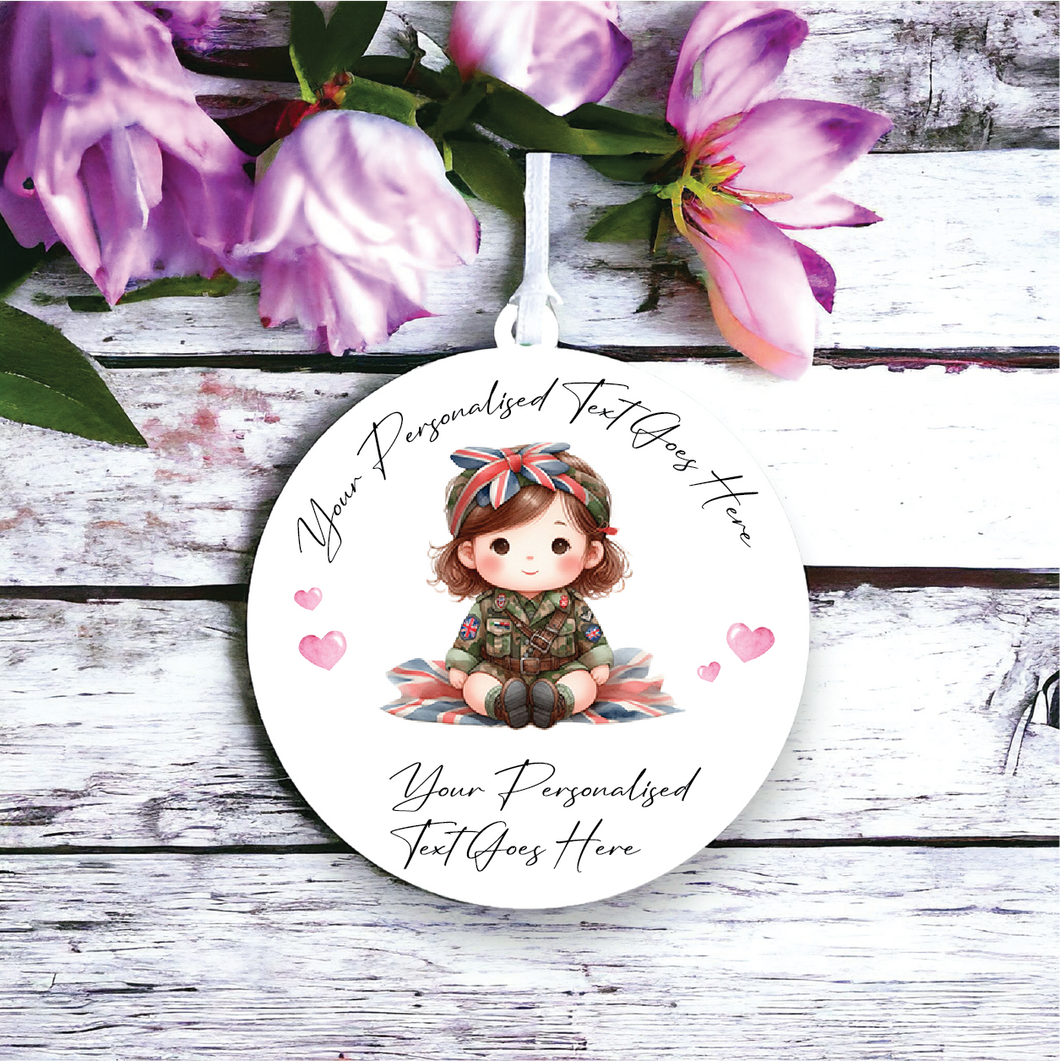 UV151 - Acrylic and UVDTF Personalised Round Hanging - Girl Soldier - Olifantjie - Wooden - MDF - Lasercut - Blank - Craft - Kit - Mixed Media - UK