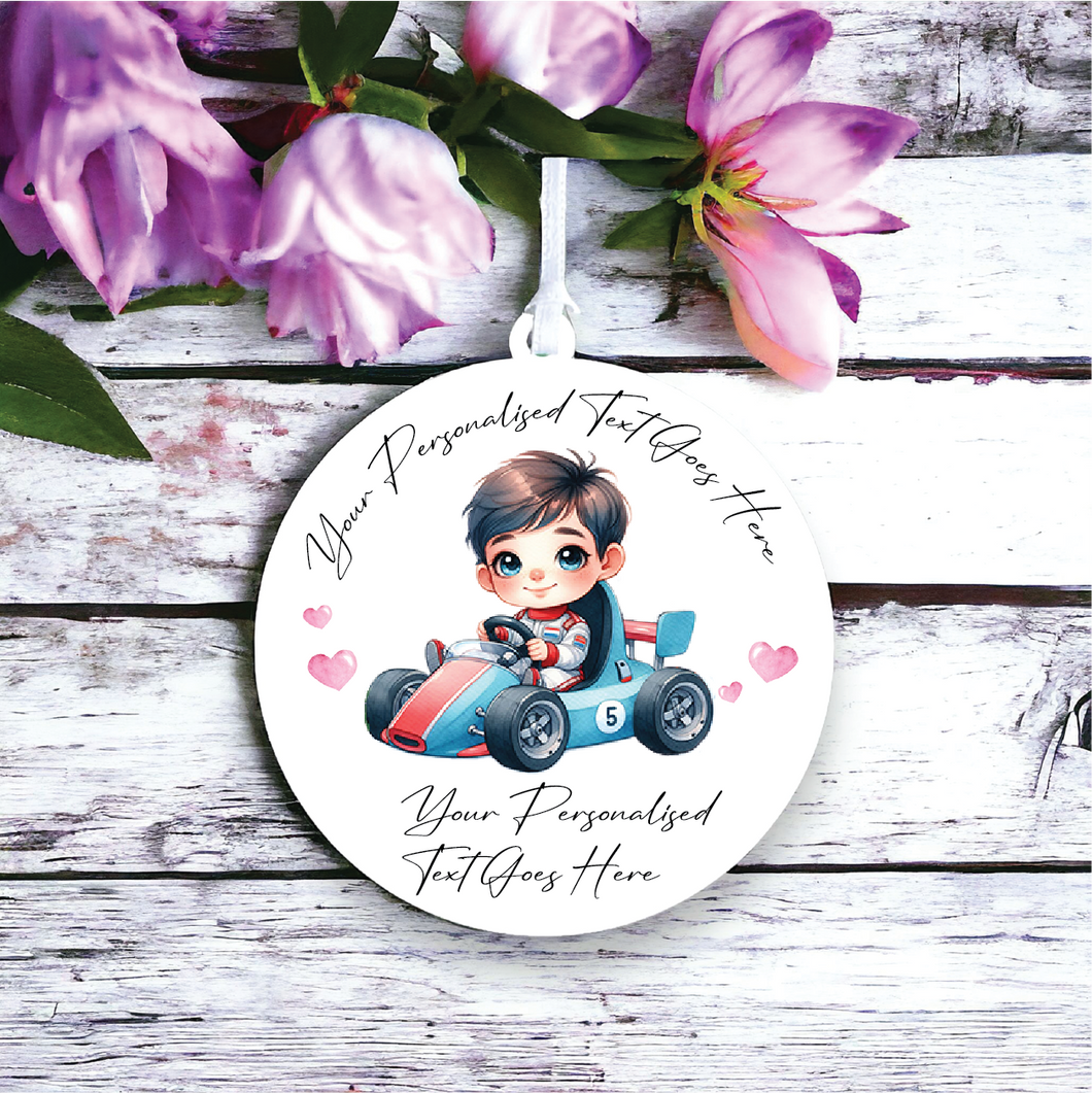 UV153 - Acrylic and UVDTF Personalised Round Hanging - Boy racing Car - Olifantjie - Wooden - MDF - Lasercut - Blank - Craft - Kit - Mixed Media - UK