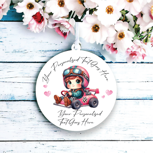 UV155 - Acrylic and UVDTF Personalised Round Hanging - Girl racing Car