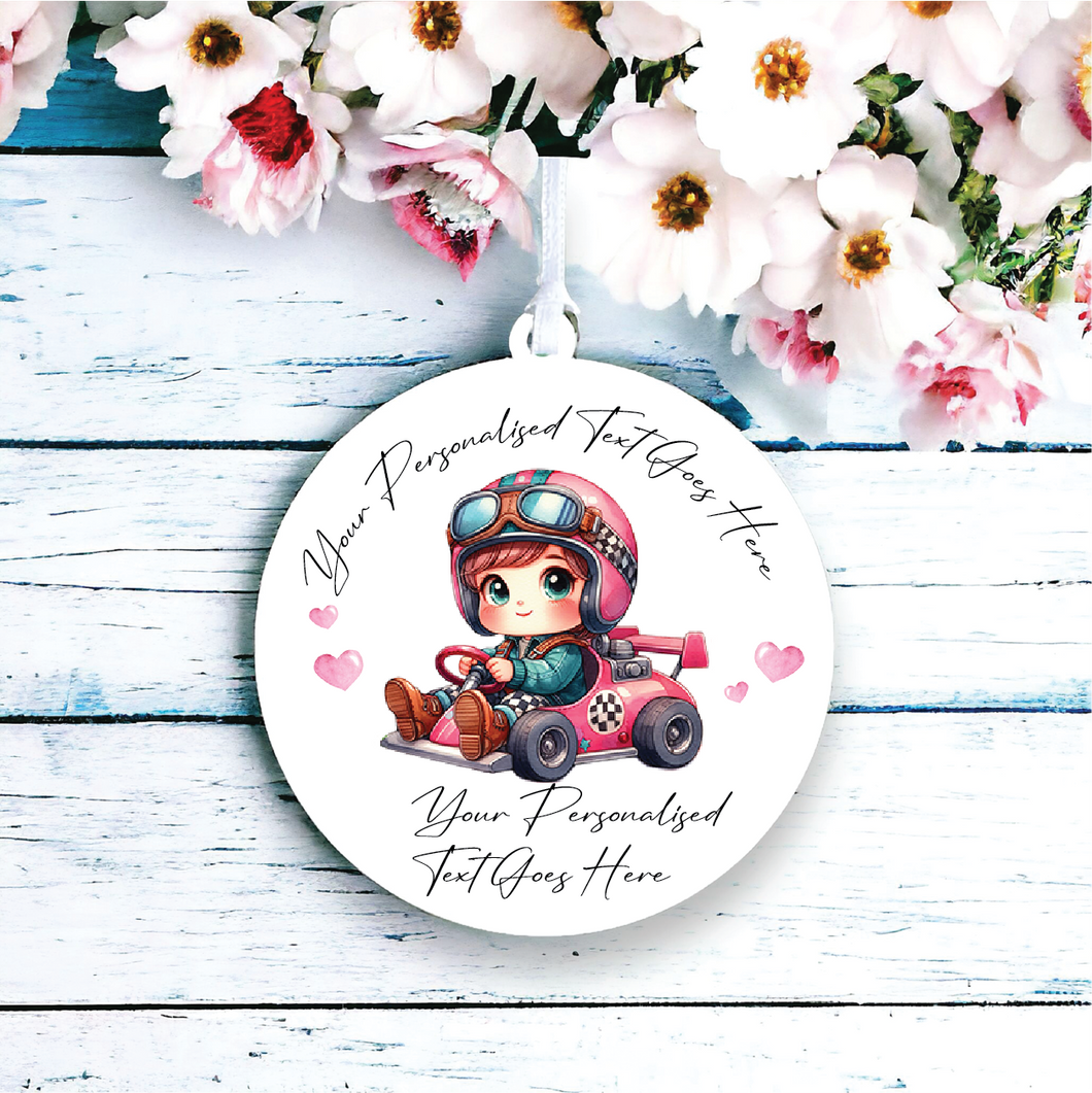 UV155 - Acrylic and UVDTF Personalised Round Hanging - Girl racing Car - Olifantjie - Wooden - MDF - Lasercut - Blank - Craft - Kit - Mixed Media - UK