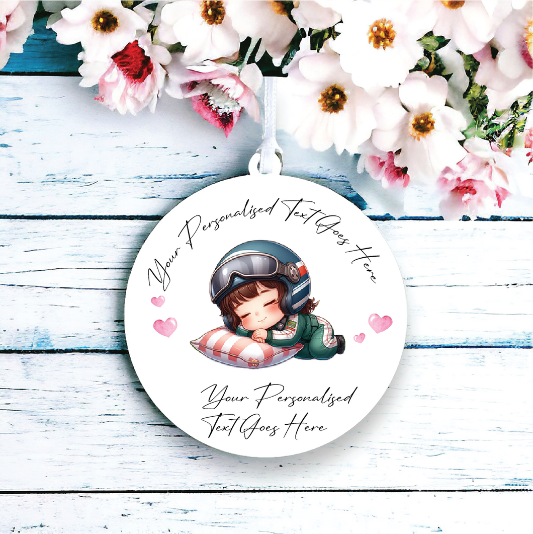 UV159  - Acrylic and UVDTF Personalised Round Hanging - Sleeping Girl Racing Driver - Olifantjie - Wooden - MDF - Lasercut - Blank - Craft - Kit - Mixed Media - UK