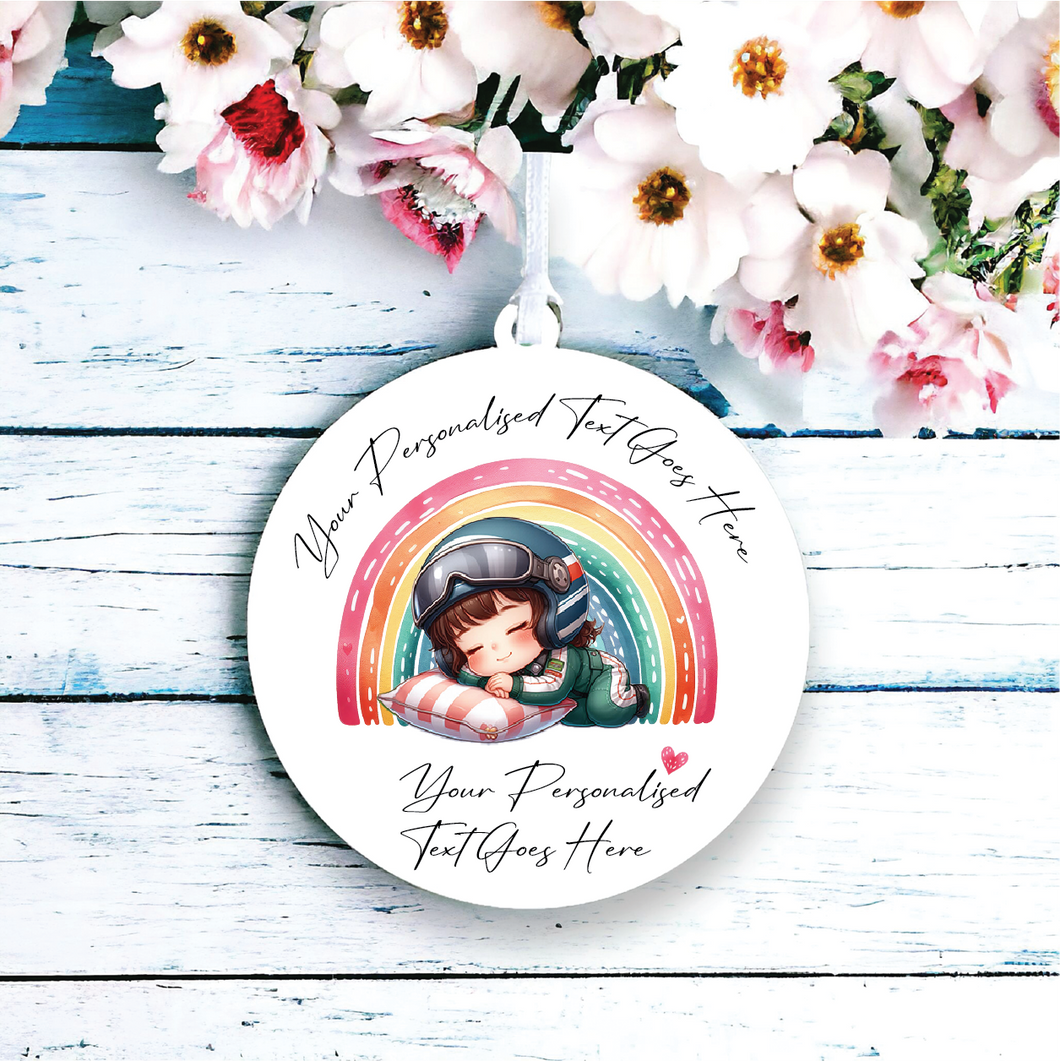 UV160 - Acrylic and UVDTF Personalised Round Hanging - Rainbow Sleeping Girl Racing Driver - Olifantjie - Wooden - MDF - Lasercut - Blank - Craft - Kit - Mixed Media - UK