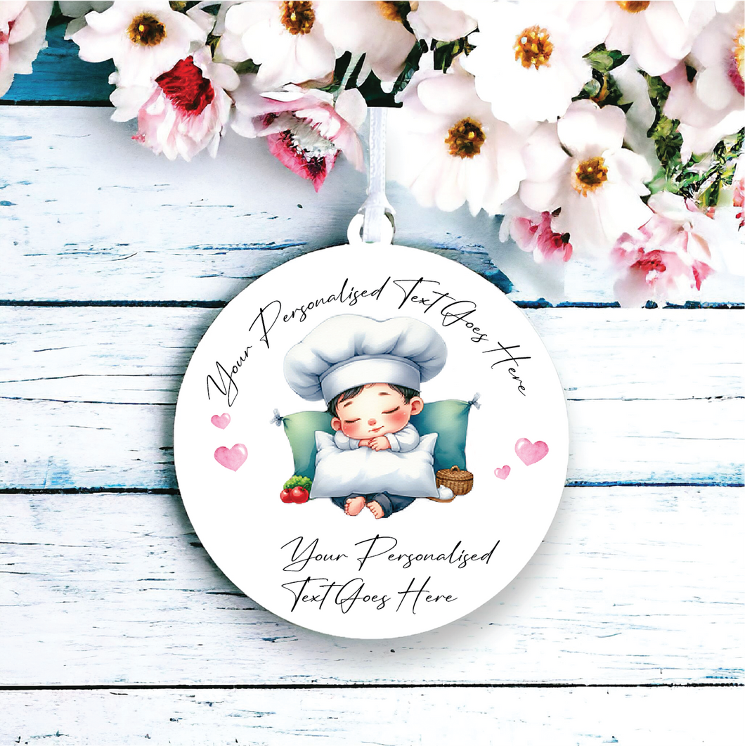 UV157 - Acrylic and UVDTF Personalised Round Hanging - Sleeping Boy Chef - Olifantjie - Wooden - MDF - Lasercut - Blank - Craft - Kit - Mixed Media - UK