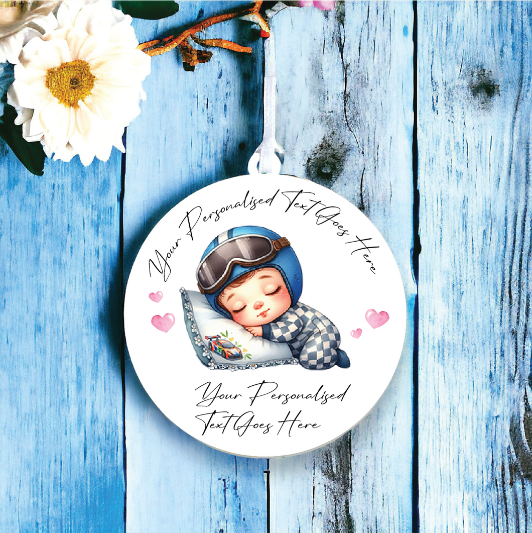 UV161 - Acrylic and UVDTF Personalised Round Hanging - Sleeping Boy Racing Driver - Olifantjie - Wooden - MDF - Lasercut - Blank - Craft - Kit - Mixed Media - UK