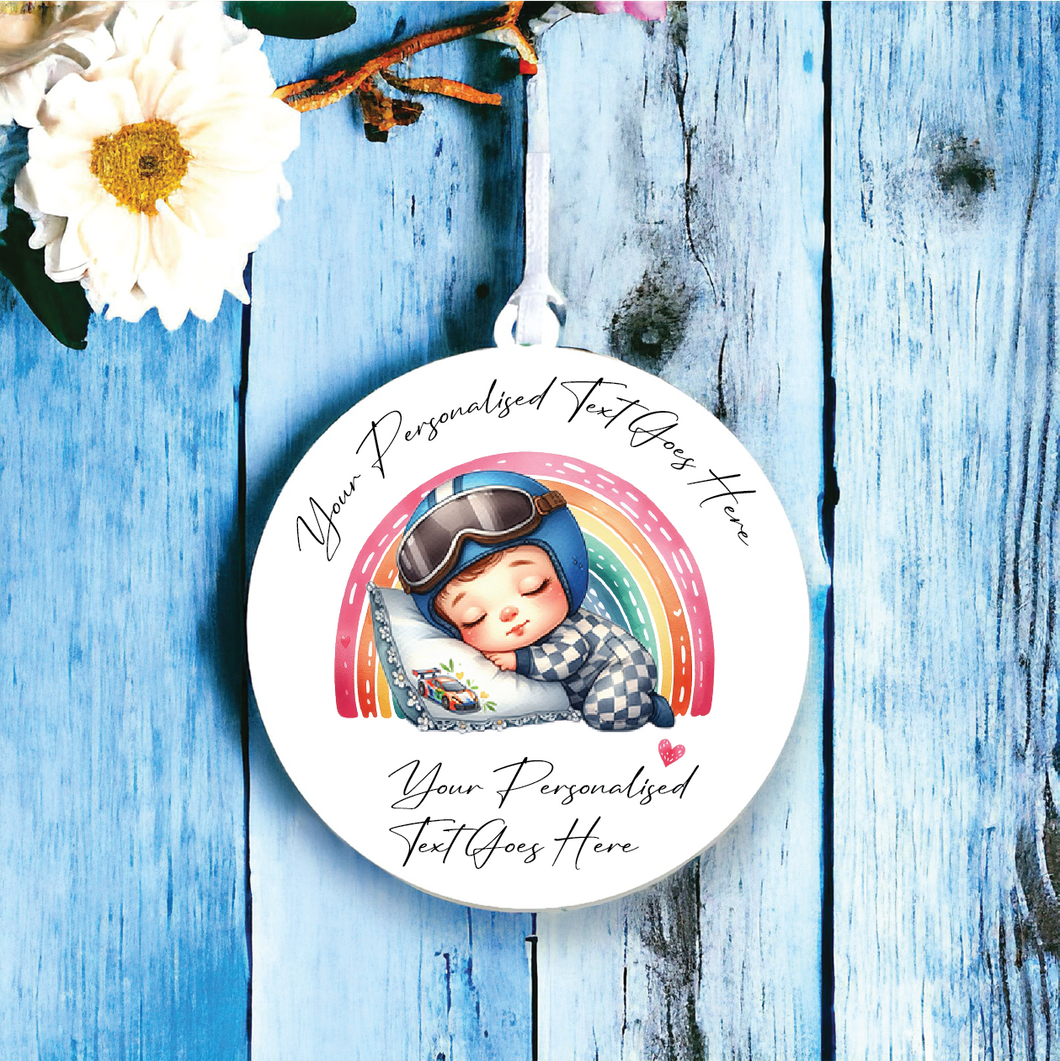 UV162 - Acrylic and UVDTF Personalised Round Hanging - Rainbow Sleeping Boy Racing Driver - Olifantjie - Wooden - MDF - Lasercut - Blank - Craft - Kit - Mixed Media - UK