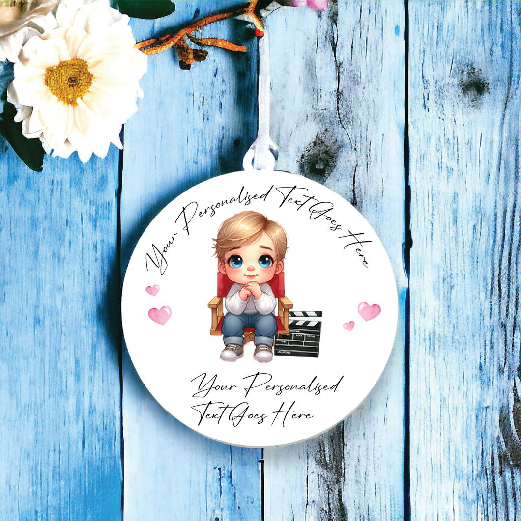 UV135 - Acrylic and UVDTF Personalised Round Hanging - Boy film maker director - Olifantjie - Wooden - MDF - Lasercut - Blank - Craft - Kit - Mixed Media - UK