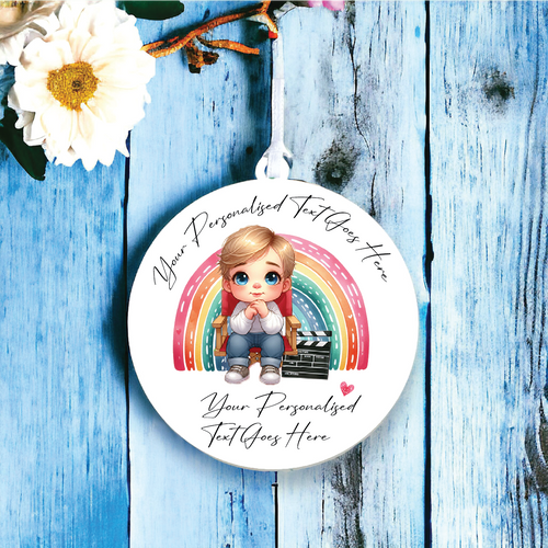 UV136 - Acrylic and UVDTF Personalised Round Hanging - Rainbow  Boy film maker director - Olifantjie - Wooden - MDF - Lasercut - Blank - Craft - Kit - Mixed Media - UK