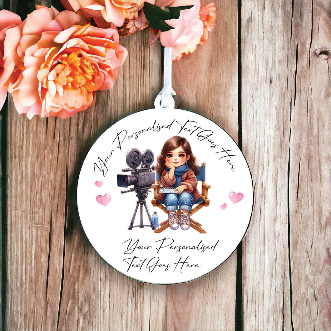 UV167 - Acrylic and UVDTF Personalised Round Hanging - Teenage Adult female Film Maker Director Social Media Creator Content - Olifantjie - Wooden - MDF - Lasercut - Blank - Craft - Kit - Mixed Media - UK