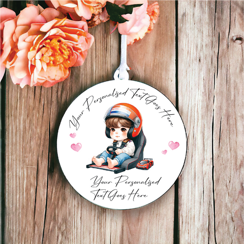 UV163 - Acrylic and UVDTF Personalised Round Hanging - Boy racing driver toddler