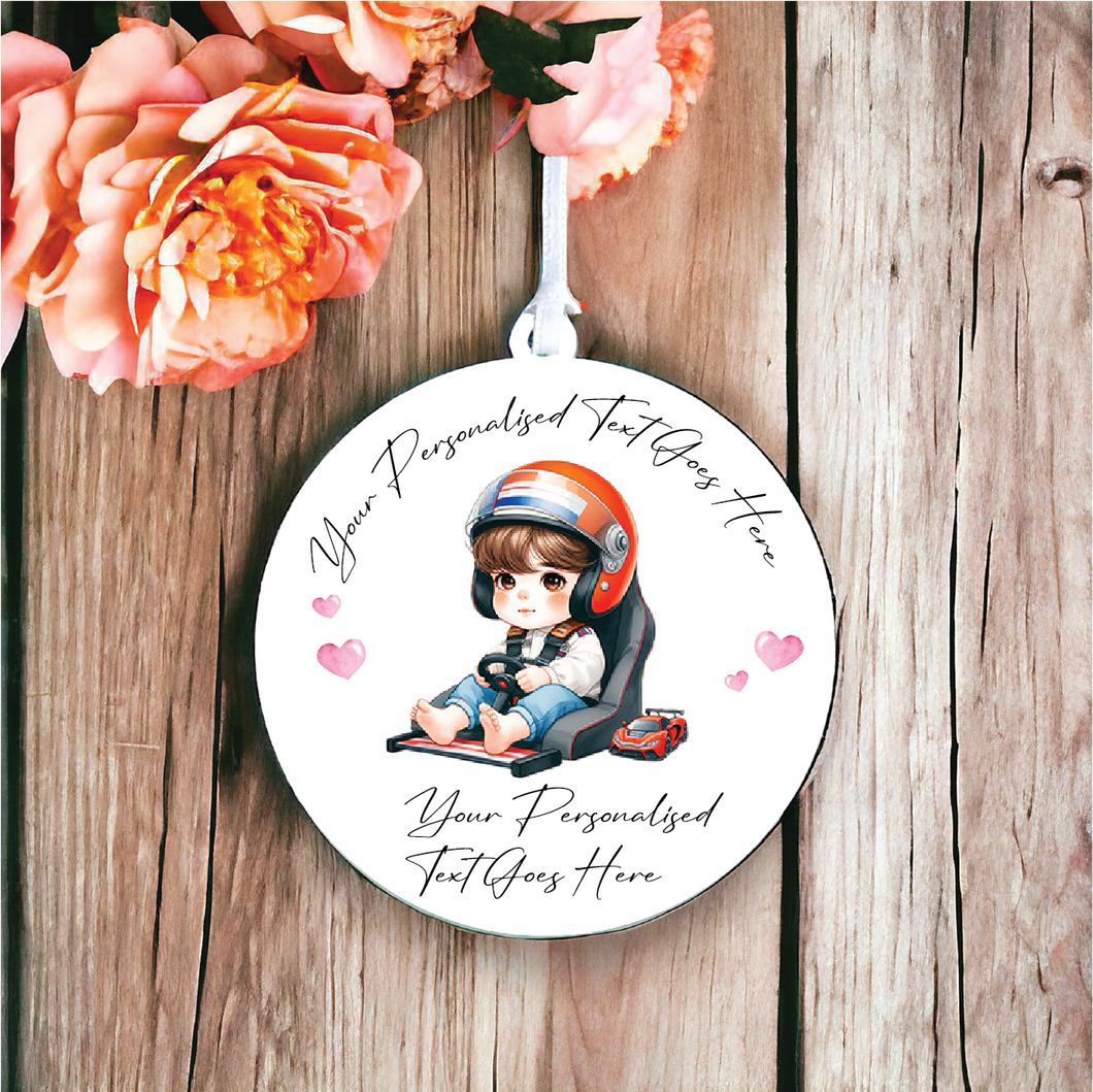 UV163 - Acrylic and UVDTF Personalised Round Hanging - Boy racing driver toddler - Olifantjie - Wooden - MDF - Lasercut - Blank - Craft - Kit - Mixed Media - UK