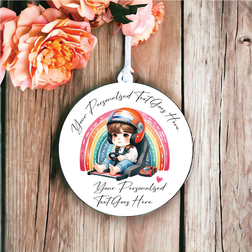 UV164 - Acrylic and UVDTF Personalised Round Hanging - Rainbow Boy racing driver toddler