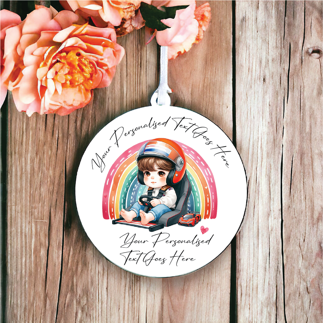 UV164 - Acrylic and UVDTF Personalised Round Hanging - Rainbow Boy racing driver toddler - Olifantjie - Wooden - MDF - Lasercut - Blank - Craft - Kit - Mixed Media - UK