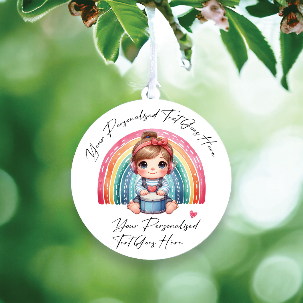 UV166 - Acrylic and UVDTF Personalised Round Hanging - Rainbow Toddler Girl Drum - Olifantjie - Wooden - MDF - Lasercut - Blank - Craft - Kit - Mixed Media - UK