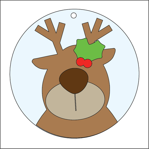 NO310 - MDF 2 Sizes Christmas  Hanging Bauble - Reindeer Round - Olifantjie - Wooden - MDF - Lasercut - Blank - Craft - Kit - Mixed Media - UK