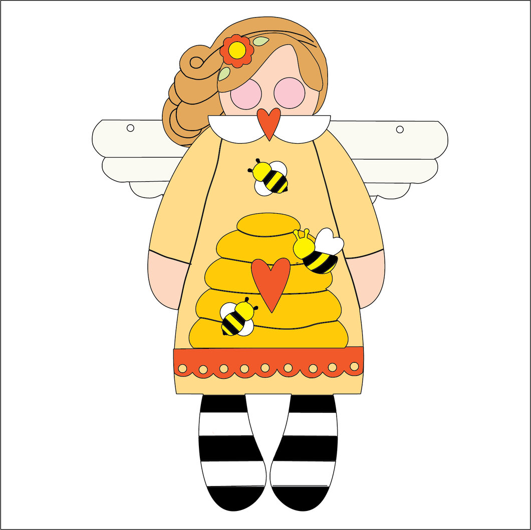 NO714 - MDF Large Simplify Primitive Folk Angel Honey Bumble Bee Hanging Plaque - Olifantjie - Wooden - MDF - Lasercut - Blank - Craft - Kit - Mixed Media - UK