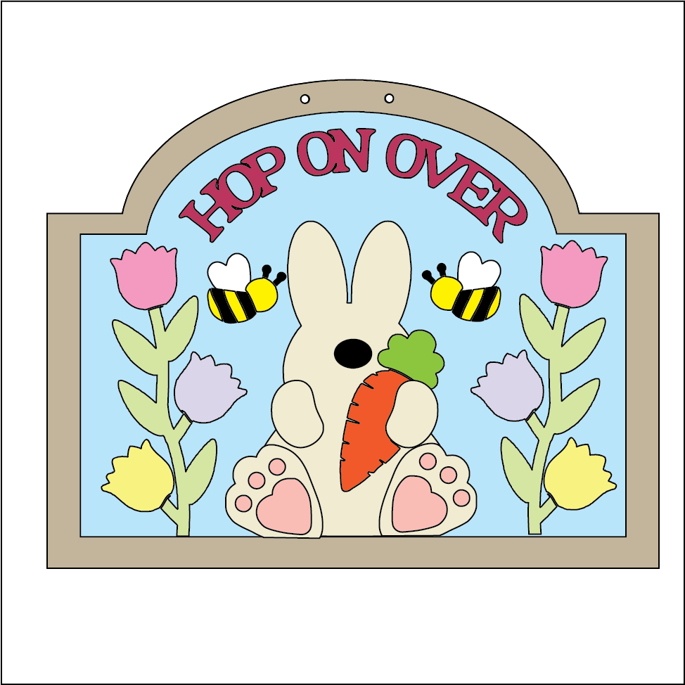 NO717 - MDF 15cm Hop on Over Easter Sign Hanging - Olifantjie - Wooden - MDF - Lasercut - Blank - Craft - Kit - Mixed Media - UK