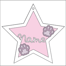 ST014 - MDF Hanging Star - 2 Cat Paw Prints Theme Decoration with Choice of Wording - 2 Fonts - Olifantjie - Wooden - MDF - Lasercut - Blank - Craft - Kit - Mixed Media - UK