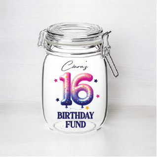 UV359 - Personalised Fund Jar UVDTF Decal - Birthday Themed - 16th Style 1 - Olifantjie - Wooden - MDF - Lasercut - Blank - Craft - Kit - Mixed Media - UK