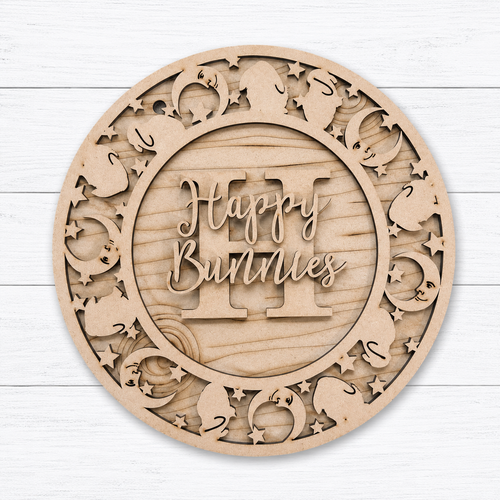 OL6144 - MDF Personalised Circle Plaque Frame - Moon Lop Ear Bunny Theme - Olifantjie - Wooden - MDF - Lasercut - Blank - Craft - Kit - Mixed Media - UK