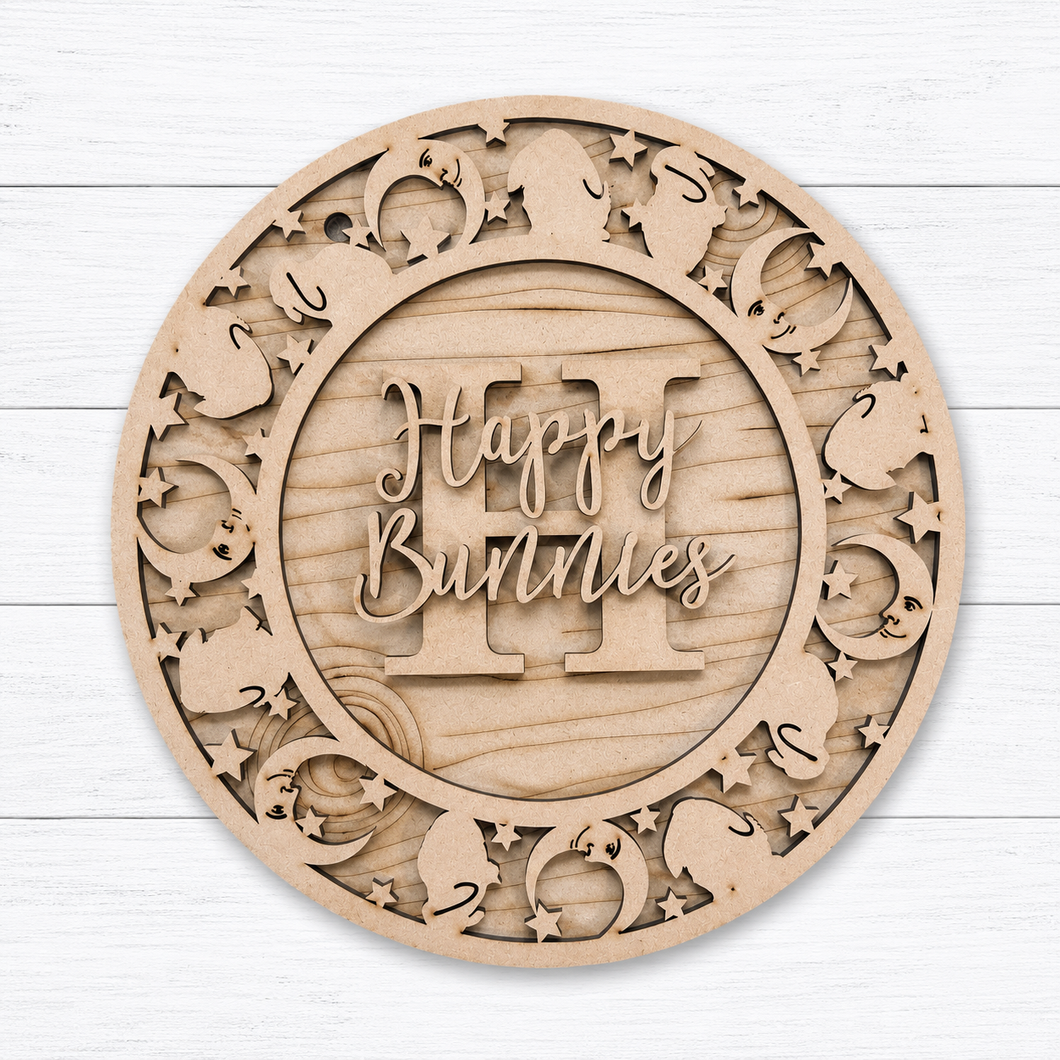 OL6144 - MDF Personalised Circle Plaque Frame - Moon Lop Ear Bunny Theme - Olifantjie - Wooden - MDF - Lasercut - Blank - Craft - Kit - Mixed Media - UK
