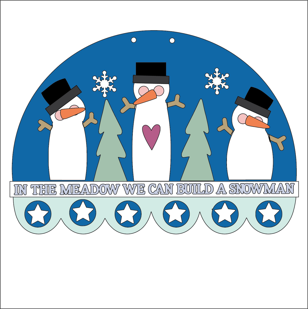 NO726 - MDF Large Primitive Snowmen scene Half Circle Hanging Plaque - Olifantjie - Wooden - MDF - Lasercut - Blank - Craft - Kit - Mixed Media - UK