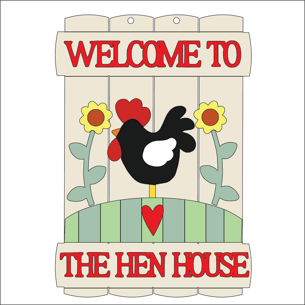 NO728 - MDF Large Welcome to the Hen House Style Hanging Plaque - Olifantjie - Wooden - MDF - Lasercut - Blank - Craft - Kit - Mixed Media - UK