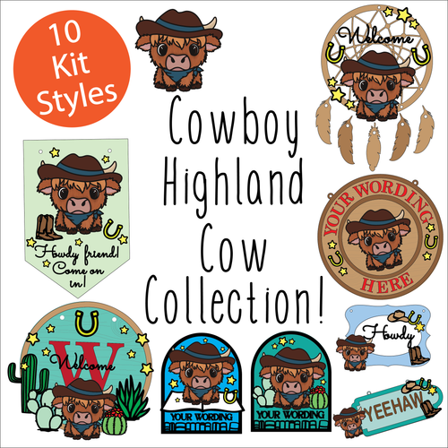 OL6098 - MDF Cute Cowboy Highland Cow Doodle Collection - choose one product - Olifantjie - Wooden - MDF - Lasercut - Blank - Craft - Kit - Mixed Media - UK