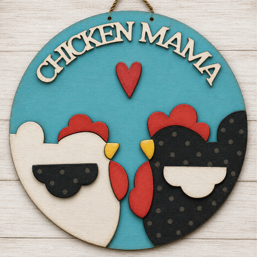 NO776 - MDF Round Chicken Mama Rooster Hanging Plaque - Olifantjie - Wooden - MDF - Lasercut - Blank - Craft - Kit - Mixed Media - UK