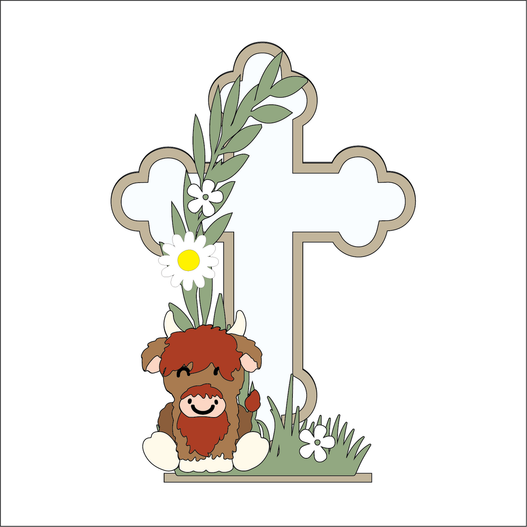 OL5022 - MDF and Acrylic Cross - Highland Cow and Daisy - Freestanding or Hanging/no holes - Acrylic white, or clear or MDF Cross - - Olifantjie - Wooden - MDF - Lasercut - Blank - Craft - Kit - Mixed Media - UK