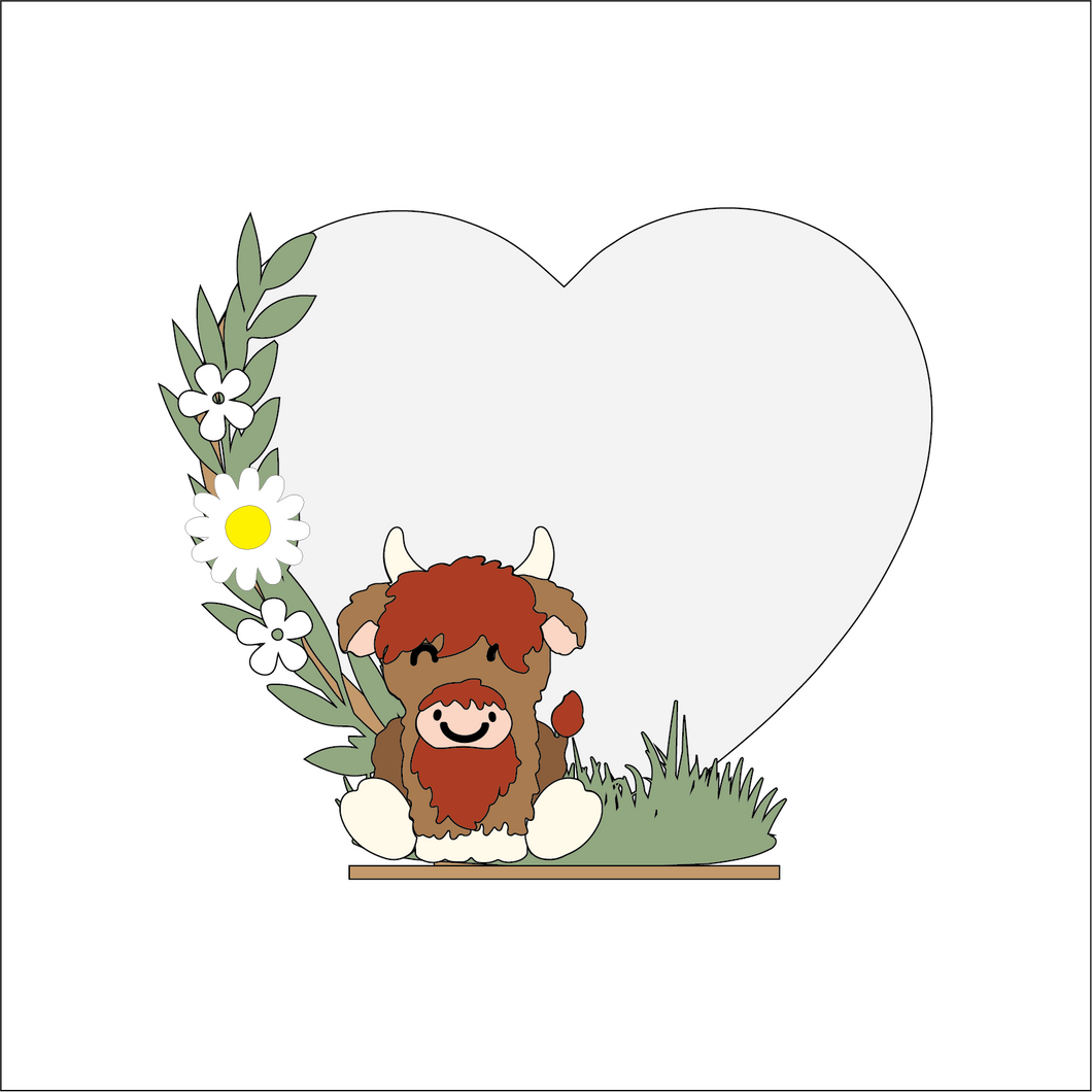 OL5023 - MDF Highland Cow and Daisy - Freestanding or Hanging/no holes - Acrylic white, or clear or MDF Heart - Olifantjie - Wooden - MDF - Lasercut - Blank - Craft - Kit - Mixed Media - UK