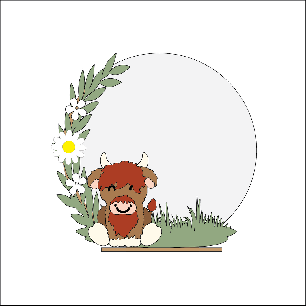 OL5025 - MDF  Highland Cow Daisy Themed Circle - Freestanding or Hanging/no holes - Acrylic white, or clear or MDF Circle - Olifantjie - Wooden - MDF - Lasercut - Blank - Craft - Kit - Mixed Media - UK