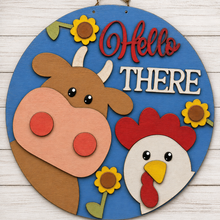 NO769 - MDF Round Hello There Cow Rooster Hanging Plaque - Olifantjie - Wooden - MDF - Lasercut - Blank - Craft - Kit - Mixed Media - UK