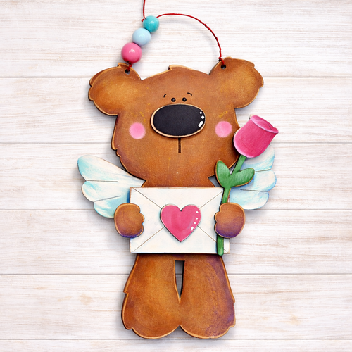 NO826 - MDF Cute Cupid Teddy Valentine Love note hanging decoration - Olifantjie - Wooden - MDF - Lasercut - Blank - Craft - Kit - Mixed Media - UK