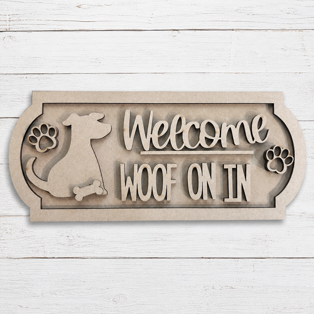 OL6147 - MDF Dog Woof on in 25cm Street Sign - Olifantjie - Wooden - MDF - Lasercut - Blank - Craft - Kit - Mixed Media - UK