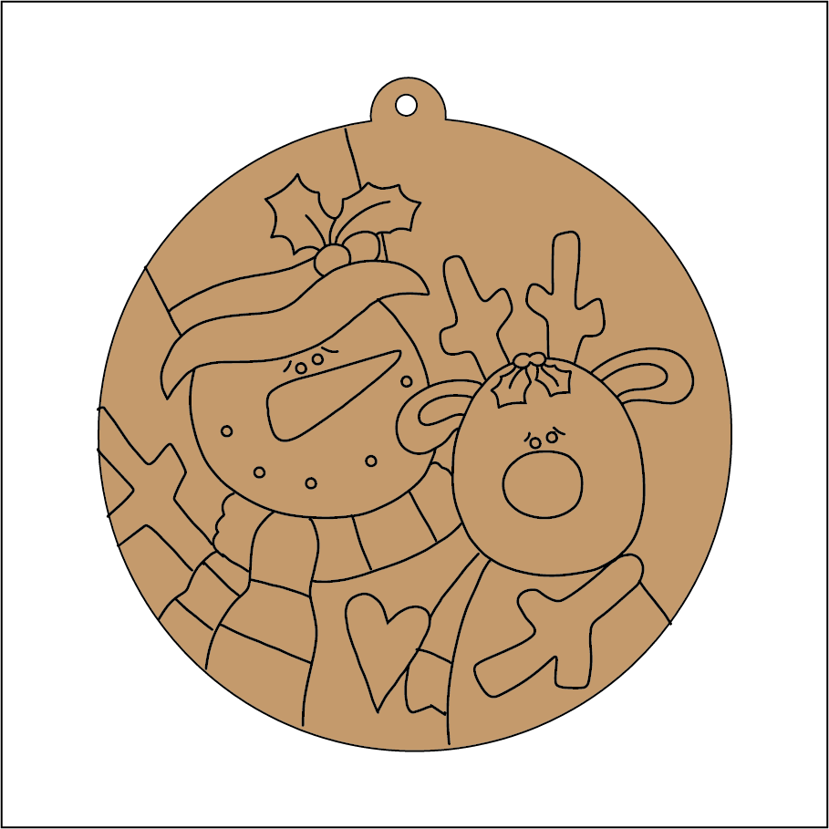 NO231 - MDF 2 Sizes  Christmas Hanging Bauble - Engraved Round Christmas Snowman Reindeer - Olifantjie - Wooden - MDF - Lasercut - Blank - Craft - Kit - Mixed Media - UK