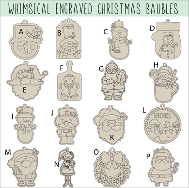 NO808 - MDF Whimsical Engraved Detail Christmas Character Baubles