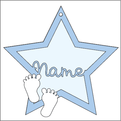 ST018 - MDF Hanging Star - 2 Baby Feet Footprints Theme Decoration with Choice of Wording - 2 Fonts - Olifantjie - Wooden - MDF - Lasercut - Blank - Craft - Kit - Mixed Media - UK