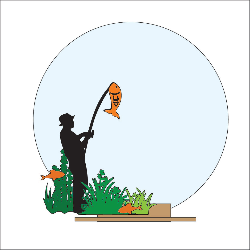 OL4861 - MDF Fishing Themed Circle - Freestanding or Hanging/no holes - Acrylic white, or clear or MDF Circle - Olifantjie - Wooden - MDF - Lasercut - Blank - Craft - Kit - Mixed Media - UK