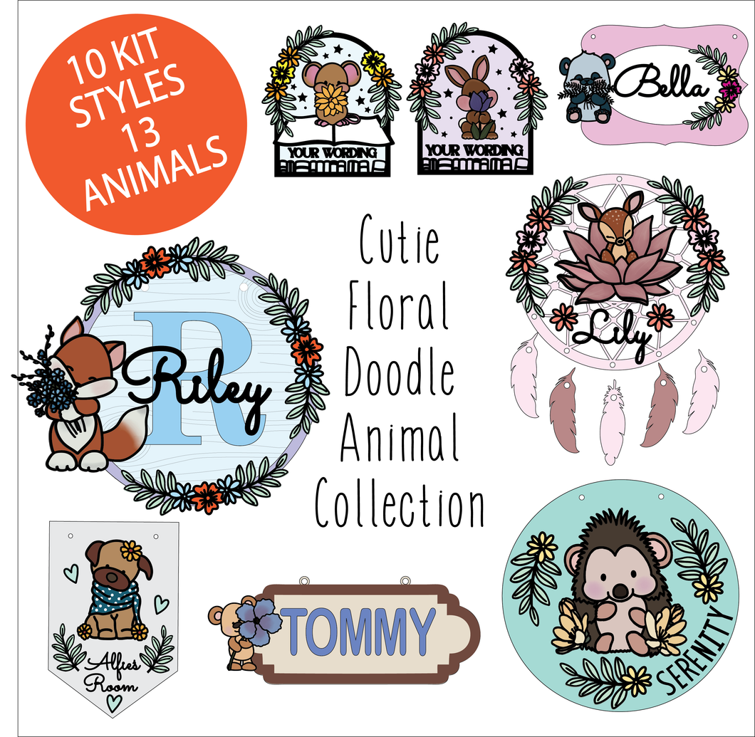 OL6143 - MDF Cutie Floral Animal Doodle Collection - choose one product and character type - Olifantjie - Wooden - MDF - Lasercut - Blank - Craft - Kit - Mixed Media - UK