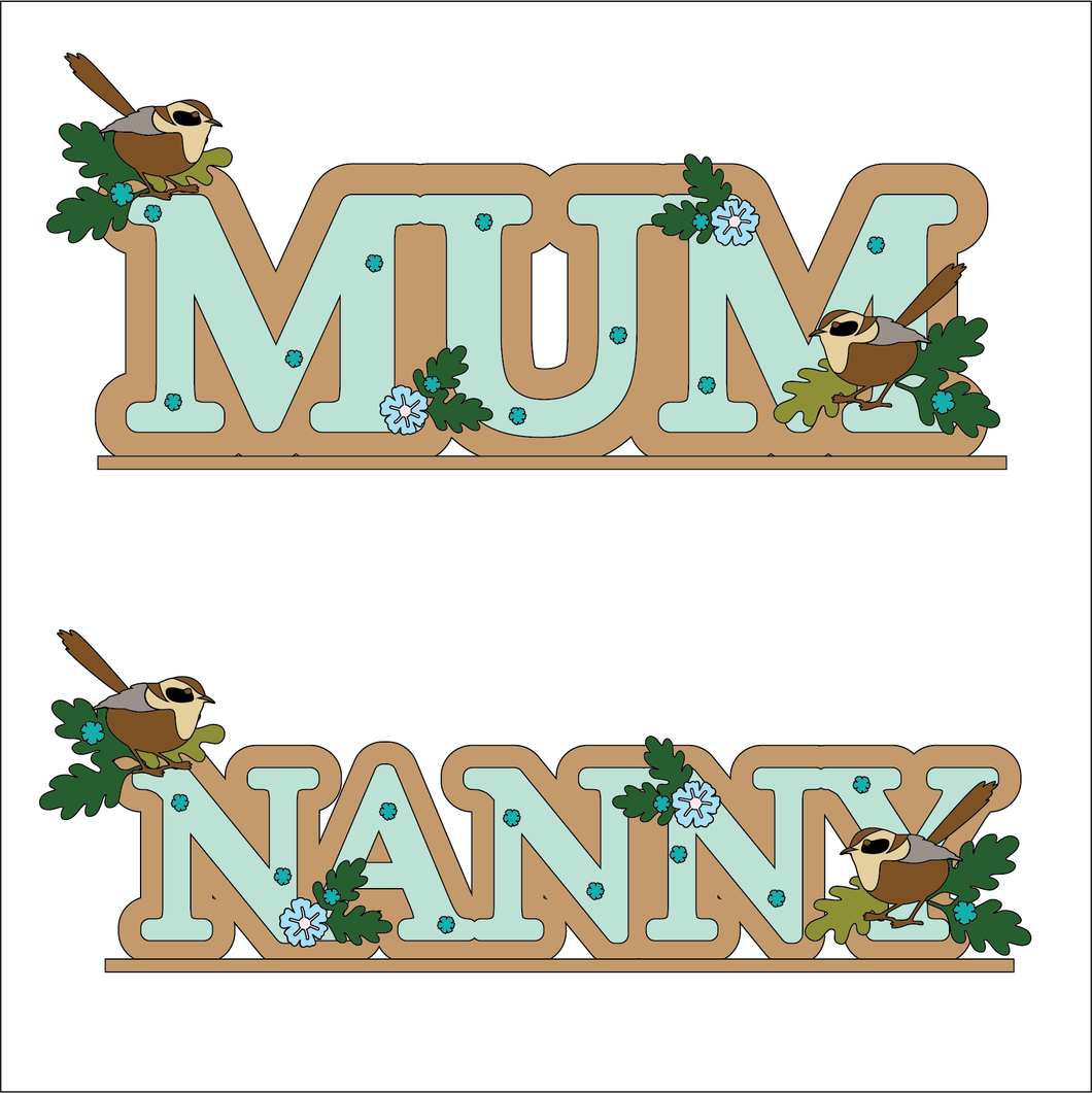 OL6113 - MDF Freestanding Personalised Name - Wren themed - Olifantjie - Wooden - MDF - Lasercut - Blank - Craft - Kit - Mixed Media - UK