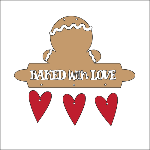 NO134 - MDF 2 Sizes Christmas Gingerbread Rolling Pin Baked with Love  Hearts Hanging Bauble - Olifantjie - Wooden - MDF - Lasercut - Blank - Craft - Kit - Mixed Media - UK