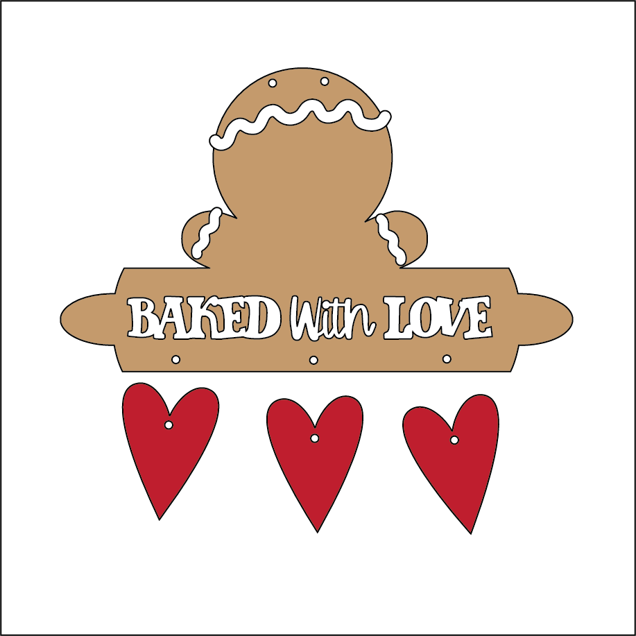 NO134 - MDF 2 Sizes Christmas Gingerbread Rolling Pin Baked with Love  Hearts Hanging Bauble - Olifantjie - Wooden - MDF - Lasercut - Blank - Craft - Kit - Mixed Media - UK