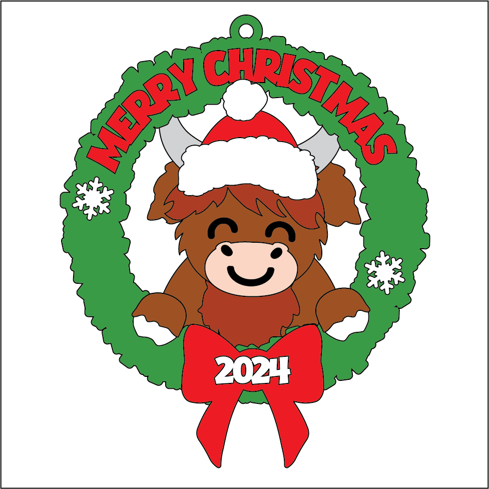 OL5416 - MDF 2 Sizes Christmas  Hanging Bauble - Wreath - Highland Cow 1 - Olifantjie - Wooden - MDF - Lasercut - Blank - Craft - Kit - Mixed Media - UK