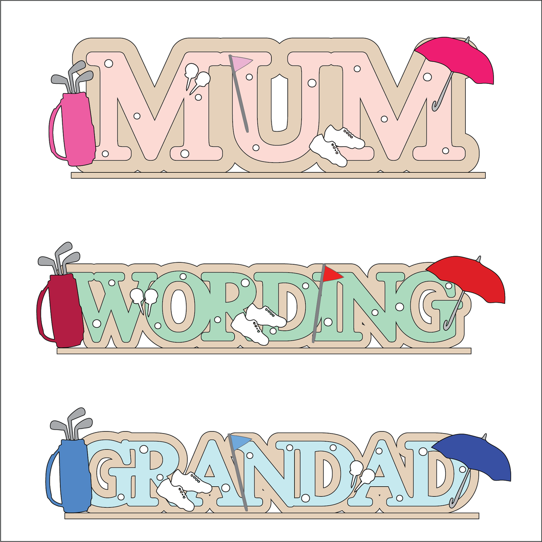OL6118 - MDF Freestanding Personalised Name - Golf Themed - Olifantjie - Wooden - MDF - Lasercut - Blank - Craft - Kit - Mixed Media - UK