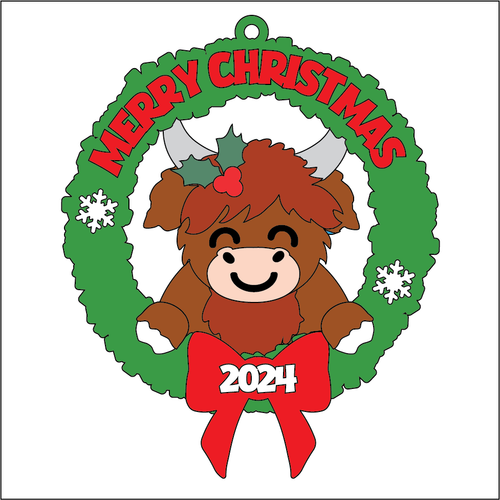 OL5417 - MDF 2 Sizes Christmas  Hanging Bauble - Wreath - Highland Cow 2 - Olifantjie - Wooden - MDF - Lasercut - Blank - Craft - Kit - Mixed Media - UK