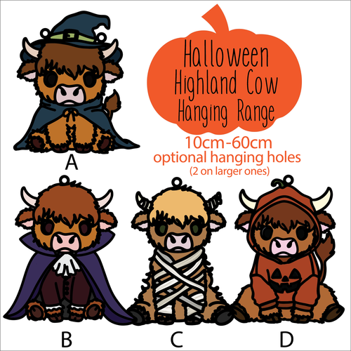 OL6090 - Wall Plaques upto 60cm (optional backing + hanging) - Highland Cow Halloween Character Collection - select one - Olifantjie - Wooden - MDF - Lasercut - Blank - Craft - Kit - Mixed Media - UK