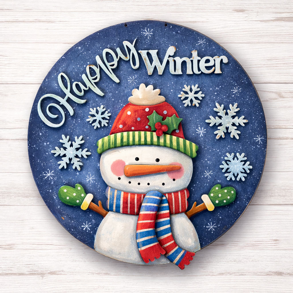 NO838 - MDF Round Christmas Snowman Hanging Plaque - Olifantjie - Wooden - MDF - Lasercut - Blank - Craft - Kit - Mixed Media - UK