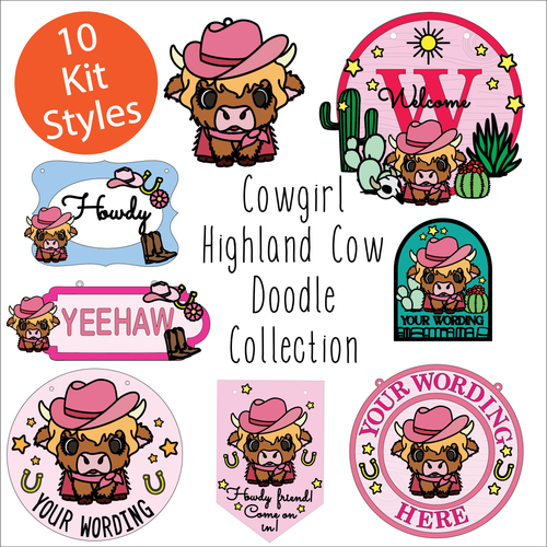OL6100 - MDF Cowgirl Highland Cow Doodle Collection - choose one product - Olifantjie - Wooden - MDF - Lasercut - Blank - Craft - Kit - Mixed Media - UK
